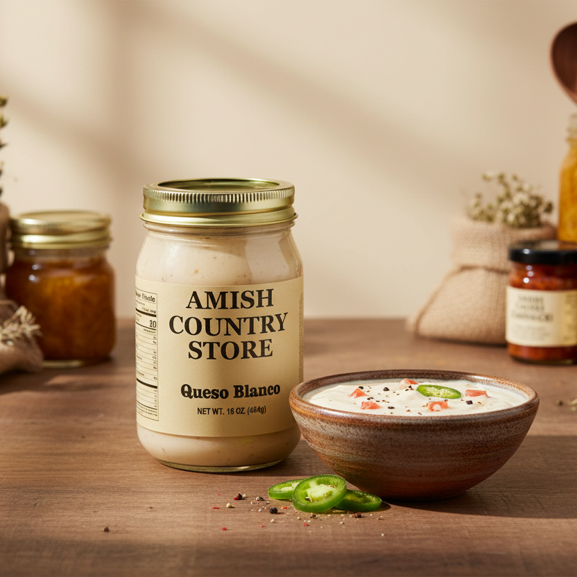 Canned Queso Blanco cheese from Amish Country Store, 16 oz, with creamy white cheese visible in the can.