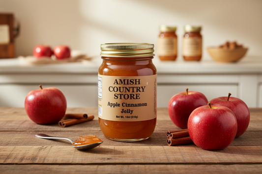 Amish Country Store apple cinnamon jelly in 18oz canned jar, smooth spread with apple and cinnamon flavor.