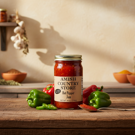 Canned hot pepper jam with no sugar added from Amish Country Store in a 9 oz jar, showing the spicy red jam inside.