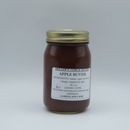 Amish Country Store Miller's Apple Butter jar, homemade Amish jam with rich apple flavor, natural and locally made.