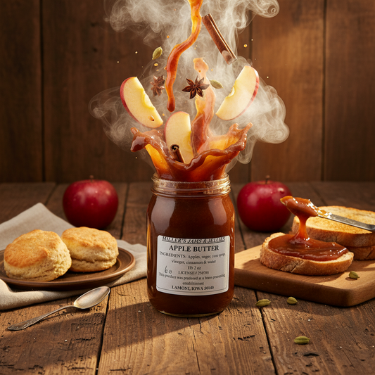 Amish Country Store Miller's Apple Butter jar, homemade Amish jam with smooth, rich apple flavor in a glass jar.