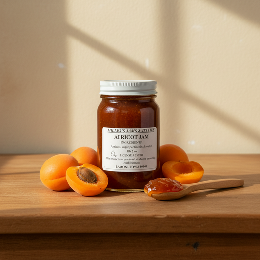 Amish Country Store Miller’s Apricot Jam jar with apricots and jam spread on a wooden surface.