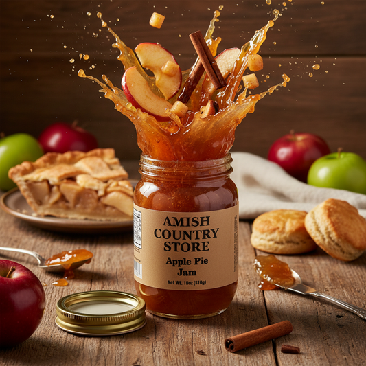 Canned Apple Pie Jam from Amish Country Store in a glass jar, showing the jam with apple and cinnamon chunks.