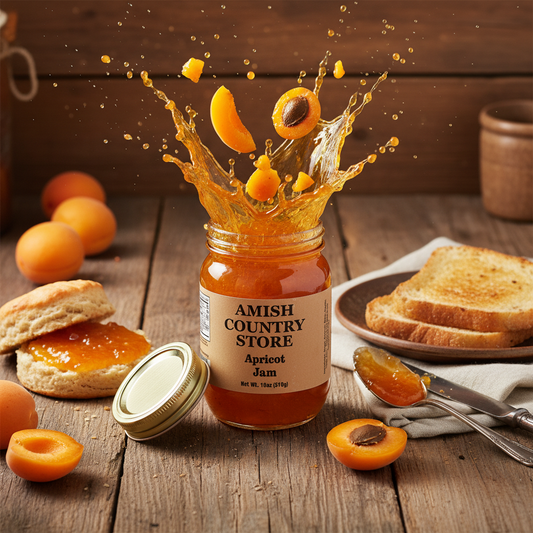 Canned apricot jam in an 18 oz jar from Amish Country Store, showing the jam's smooth, orange-colored fruit spread inside.