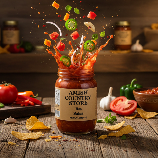 Canned Hot Salsa 14.5 oz from Amish Country Store, vibrant tomato and chili peppers in a glass jar with a metal lid.