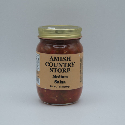 Canned medium salsa jar from Amish Country Store, 14.5 oz, with fresh tomatoes, peppers, and herbs visible on the label.
