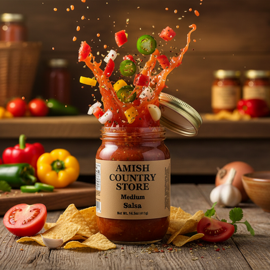 Canned Amish Country Store Medium Salsa in 14.5 oz container, showing fresh tomato, onion, and chili ingredients.