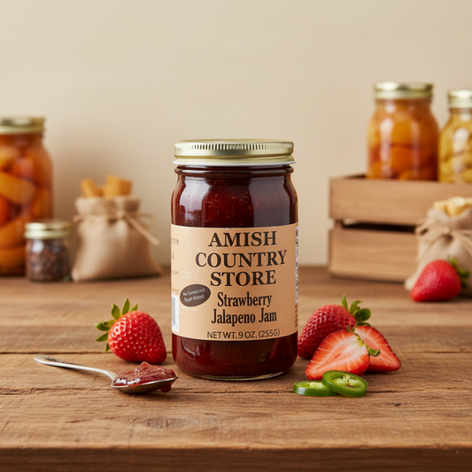 Canned strawberry jalapeno jam by Amish Country Store, no sugar added, 9 oz jar with fresh strawberries and jalapenos.