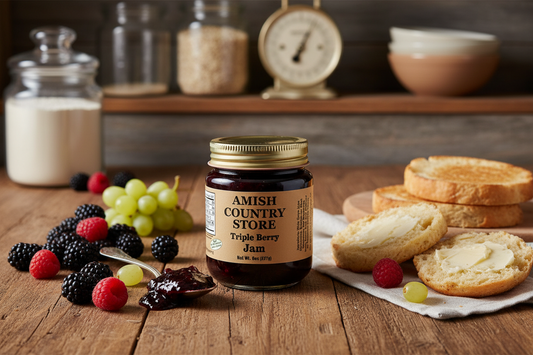 Canned Amish Country Store Triple Berry Jam 8 oz jar with no sugar added, showing the jam's rich berry texture and label on the jar