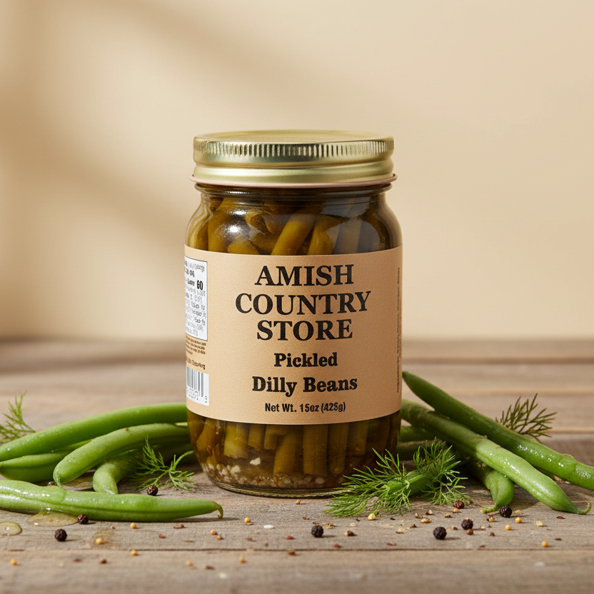 Canned pickled dilly beans from Amish Country Store, showing jars filled with vibrant green dilly beans in brine.