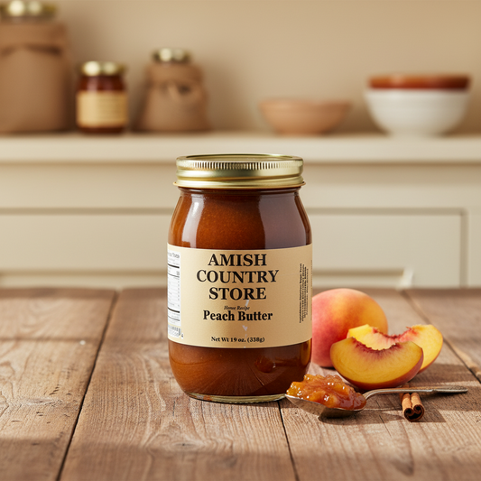 Canned Amish Country Store Peach Butter jar, 16oz, showing label and lid on a white background.