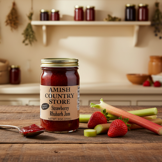 Canned strawberry rhubarb jam by Amish Country Store in an 8 oz jar, featuring fresh strawberry and rhubarb pieces.