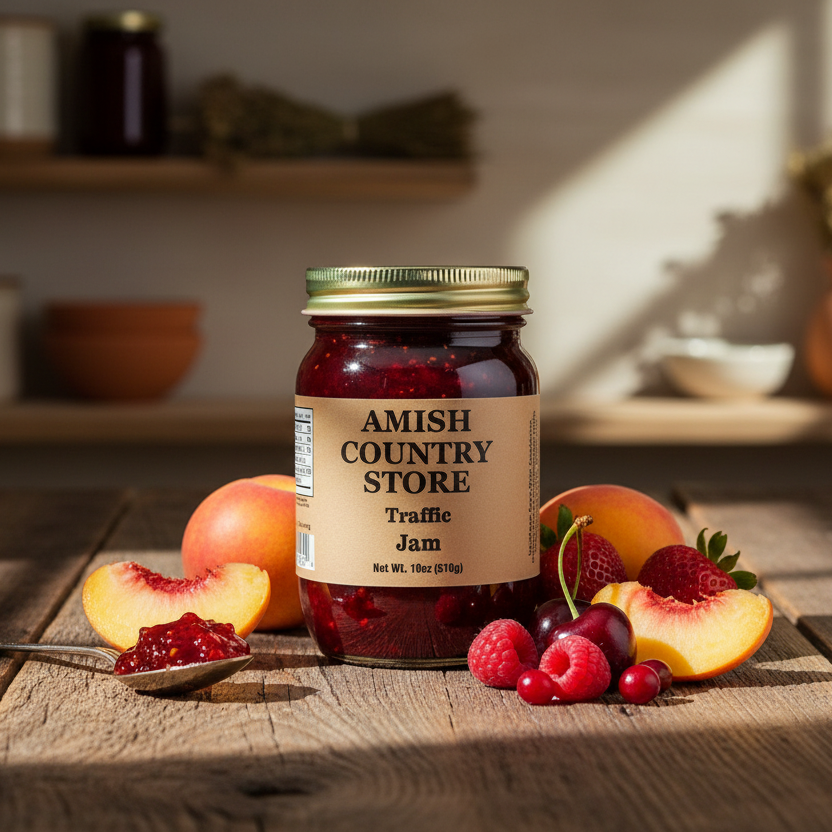 Canned Amish Country Store Traffic Jam in 18oz jar with fruit spread and jam texture, ready for breakfast or snacks.