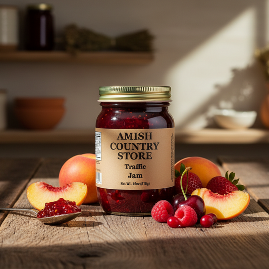 Canned Amish Country Store Traffic Jam in 18oz jar with fruit spread and jam texture, ready for breakfast or snacks.