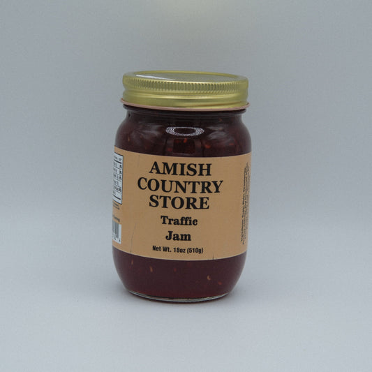 Canned Traffic Jam in 18oz Amish Country Store label, with jar lid and label visible on the product.