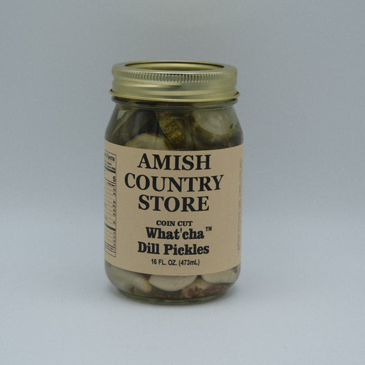 Canned Amish Country Store What'cha Dill Pickles Coin Cut in 16 oz jar with dill slices and pickling liquid.