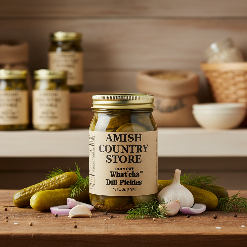 Canned pickles in a 16 oz jar from Amish Country Store, featuring coin-cut dill pickles with fresh, crunchy texture.