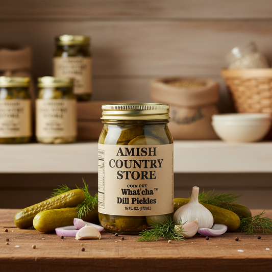 Canned pickles in a 16 oz jar from Amish Country Store, featuring coin-cut dill pickles with fresh, crunchy texture.