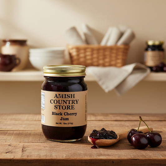 Canned black cherry jam in an 18 oz jar from Amish Country Store, showing the jar with dark cherry jam inside.