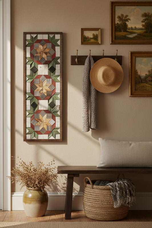 Amish handmade barn quilt banner, 10.5 x 30 inches, featuring traditional geometric patterns on fabric for barn decoration.