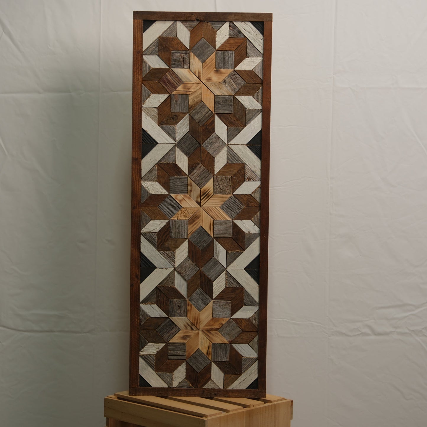 Amish handmade barn quilt banner featuring a colorful geometric pattern, measuring 10.5 x 30 inches, from Amish Country Store.
