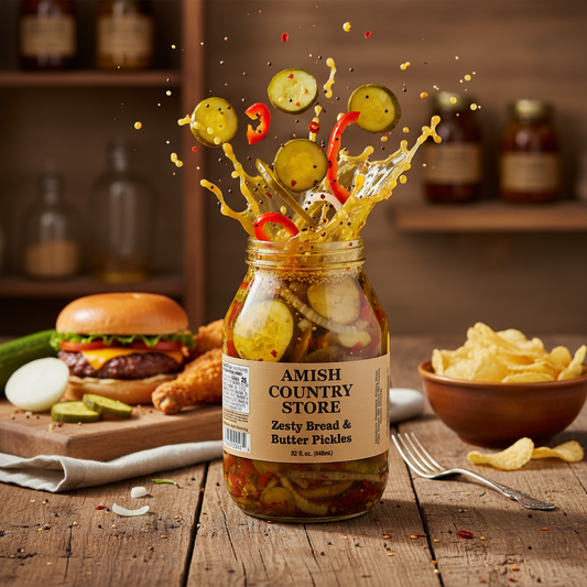 Canned Zesty Bread & Butter Pickles from Amish Country Store in a 32 oz jar, showing vibrant pickle slices and label.