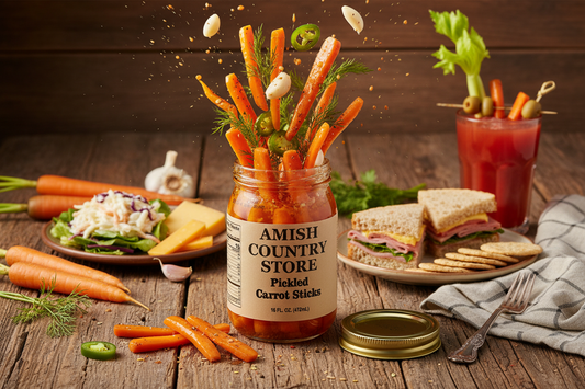Canned pickled carrot sticks in a 16oz jar from Amish Country Store, showing bright orange carrots submerged in pickling liquid.