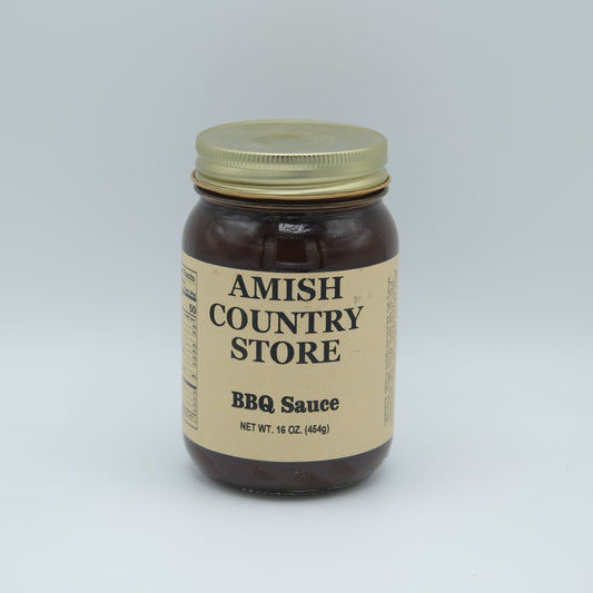 Canned Amish Country Store BBQ Sauce 16 oz jar with label, ready for grilling or dipping.