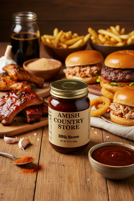 Canned Amish Country Store BBQ Sauce 16 oz bottle with label, showcasing rich, smoky barbecue flavor.