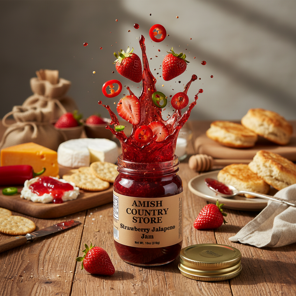 Amish Country Store Strawberry Jalapeno Jam in 18oz jar, canned goods with fresh strawberries and jalapenos visible.