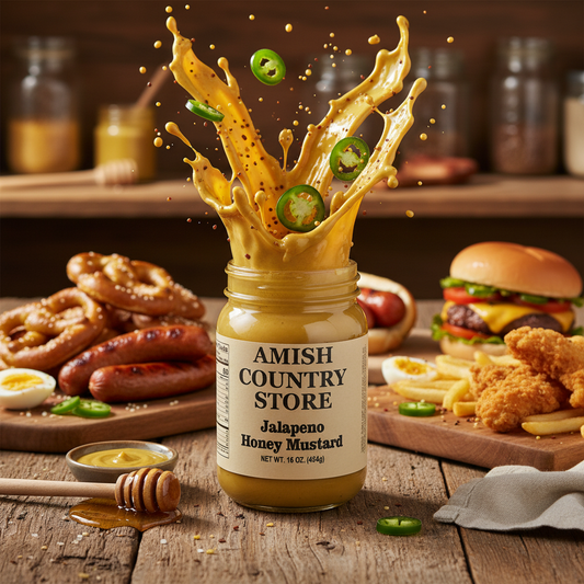 Canned Jalapeno Honey Mustard from Amish Country Store, showing the jar with yellow mustard and chopped jalapenos inside.