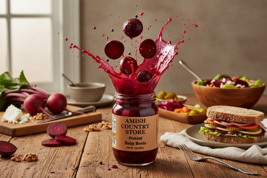 Canned Amish Country Store pickled baby beets in 15oz jar, showing bright red beets packed in pickling liquid.
