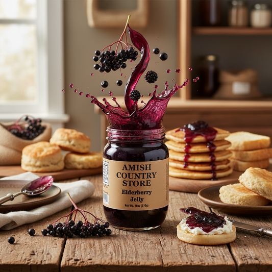 Canned Amish Country Store elderberry jelly jar with a label, showcasing the elderberry jelly inside the 18 oz container.