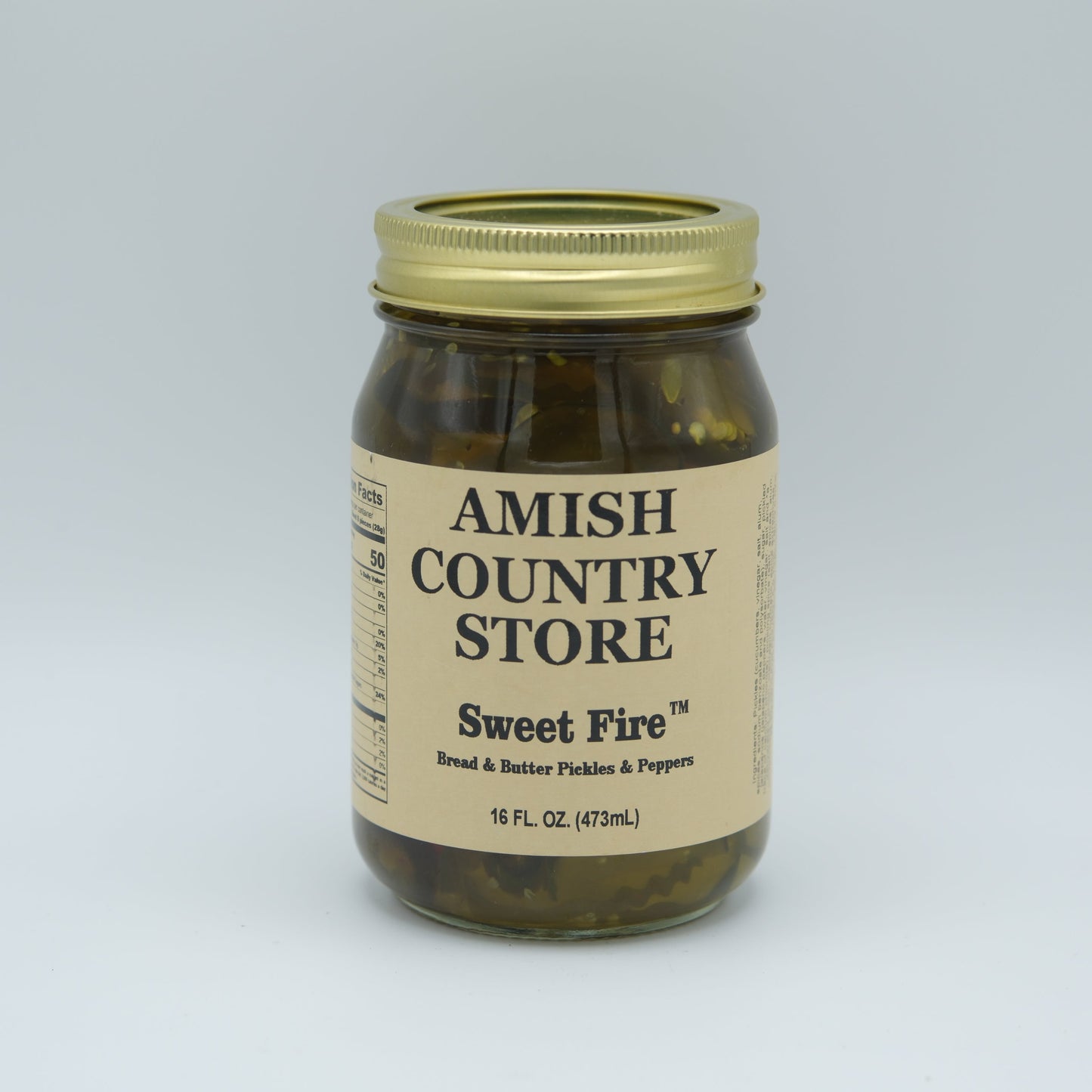 Canned Sweet Fire Bread & Butter Pickles with Jalapenos from Amish Country Store in 16 oz jar on a white background