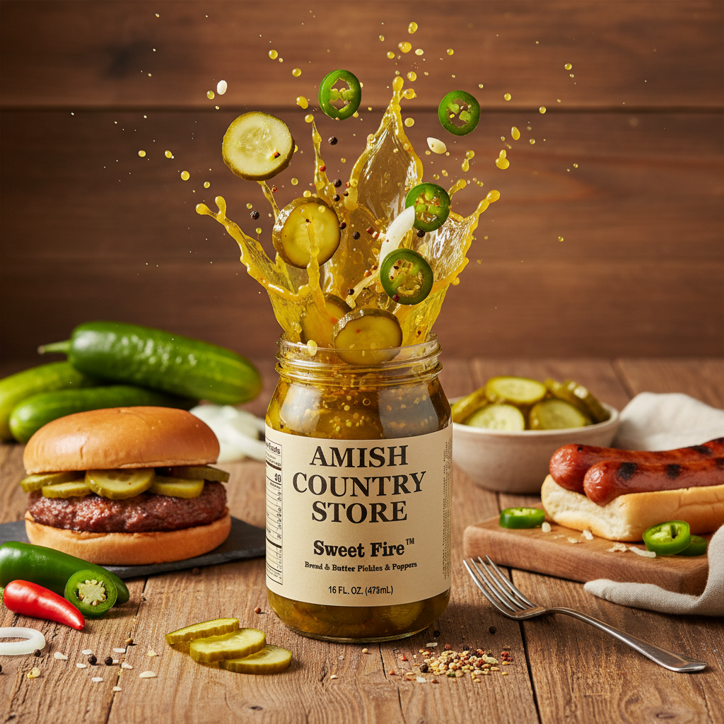 Canned Sweet Fire Bread & Butter Pickles with Jalapenos from Amish Country Store in 16 oz jar, showcasing colorful pickles and peppers.