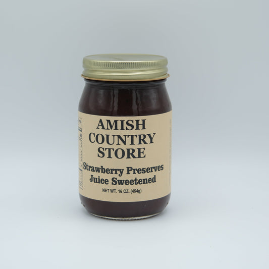 Canned Amish Country Store strawberry preserve juice in a 16oz jar, showcasing fresh strawberry preserves in glass jar.