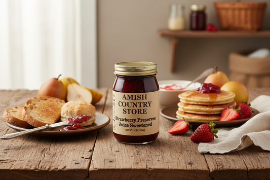 Canned Amish Country Store Strawberry Preserve Juice in a 16oz jar, showcasing a vibrant strawberry preserve liquid.