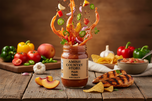 Canned Amish Country Store Peach Salsa Mild 14.5 oz jar with fresh peach chunks and salsa ingredients, ready for serving.