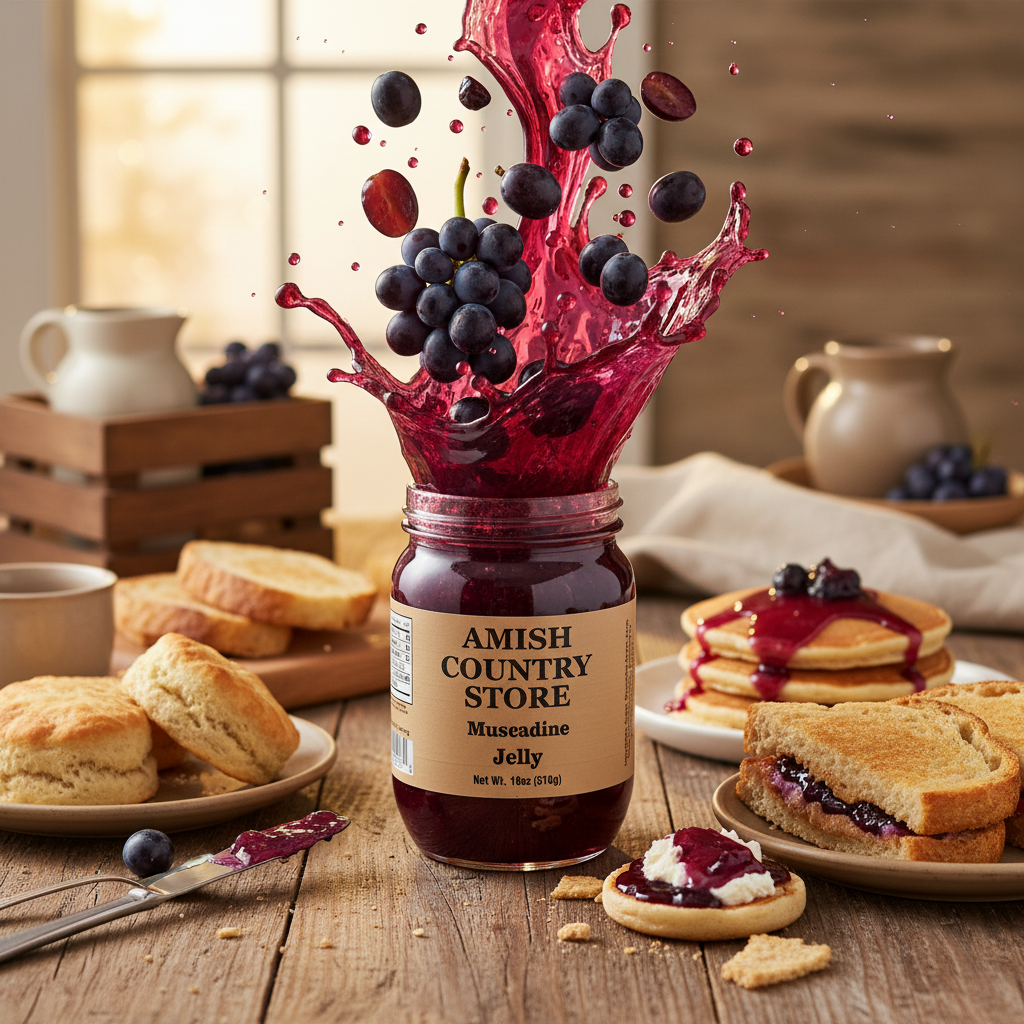 Canned Muscadine Jelly in an 18oz jar from Amish Country Store, with a clear label and a spoon beside the jar.