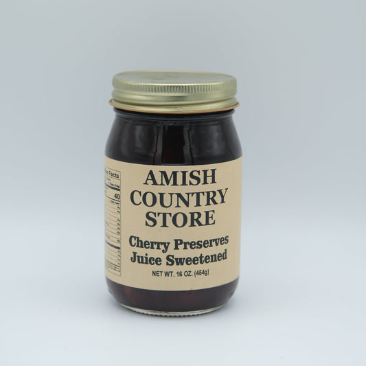 Canned Amish Country Store cherry preserve juice in a 16 oz jar, sweetened and ready to enjoy.