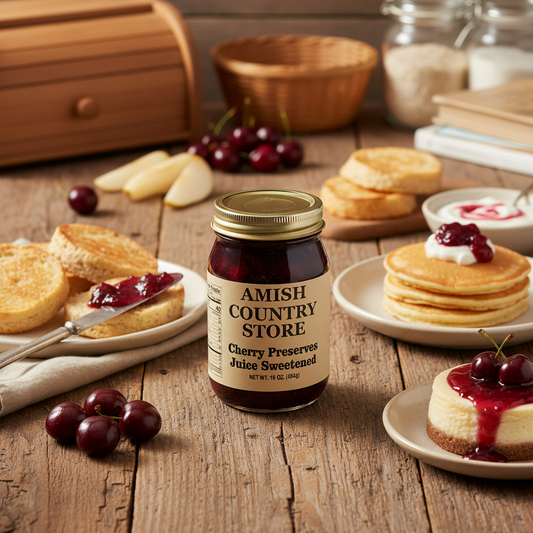 Canned cherry preserve juice from Amish Country Store in a 16 oz jar, showcasing a vibrant red cherry-filled liquid.