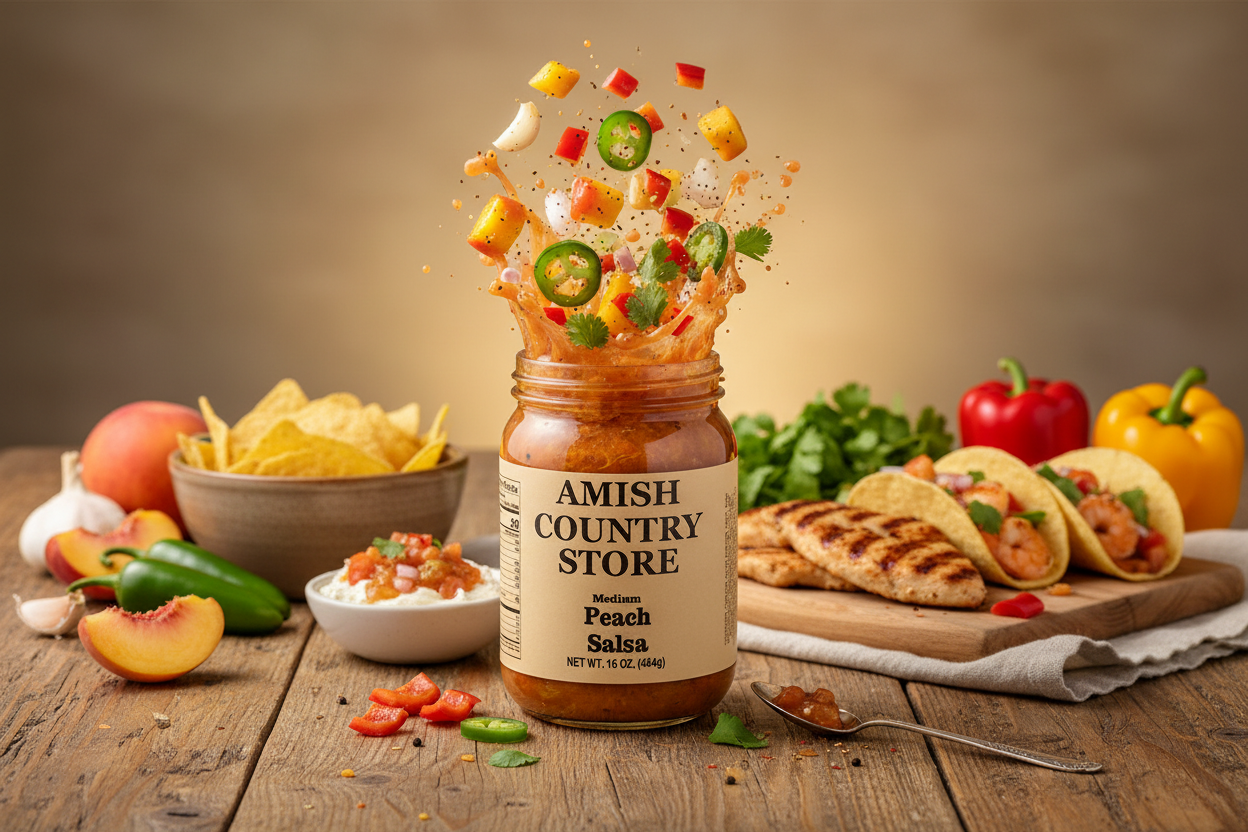 Canned medium peach salsa in a 16 oz jar from Amish Country Store, featuring fresh peach chunks and vibrant tomato base.