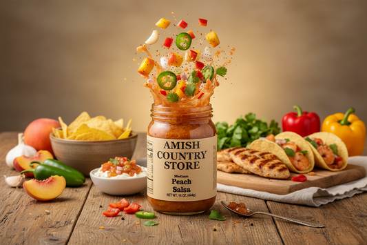 Canned medium peach salsa in a 16 oz jar from Amish Country Store, featuring fresh peach chunks and vibrant tomato base.