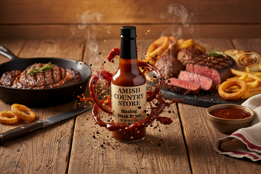 Amish Country Store sizzling steak sauce in a glass bottle, showing rich, dark sauce with a textured label on the front.