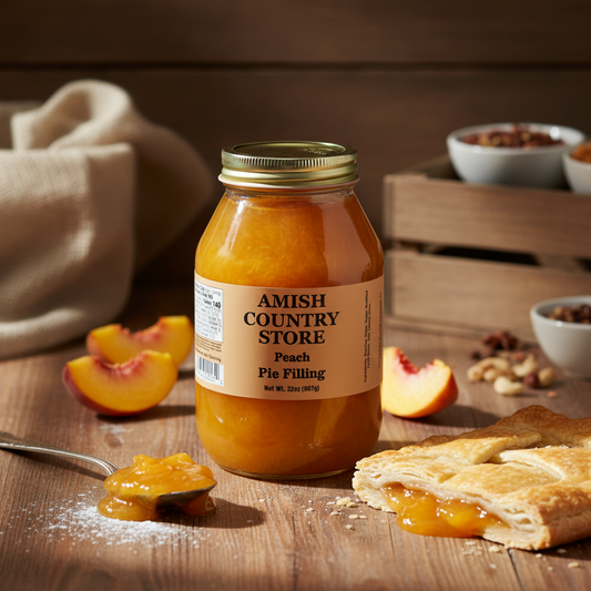 Amish Country Store peach pie filling in a jar, showcasing fresh peach chunks and syrup for baking and dessert preparation.