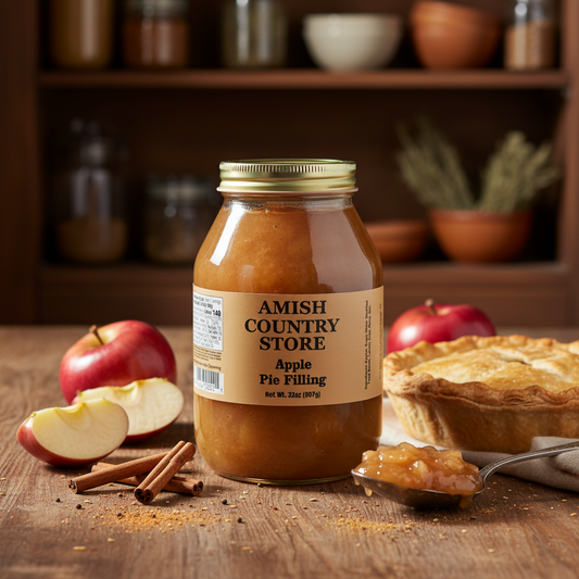 Amish Country Store apple pie filling in a jar with visible apples and syrup, ready for baking or dessert making.