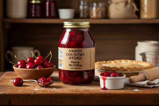 Amish Country Store cherry pie filling in a jar with fresh cherries and syrup, ready for baking or dessert.