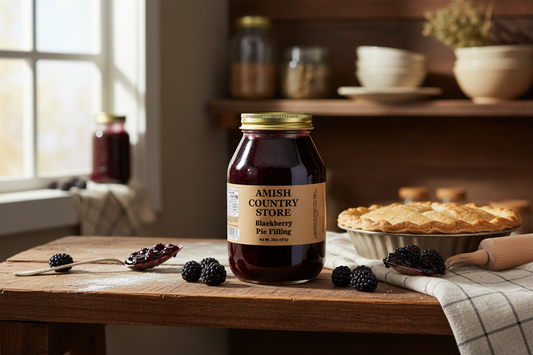 Amish Country Store blackberry pie filling in a jar with fresh blackberries and ingredients visible inside