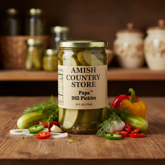 Canned Amish Country Store Papa Dill Pickles in a jar, showing fresh dill and crunchy pickles inside.