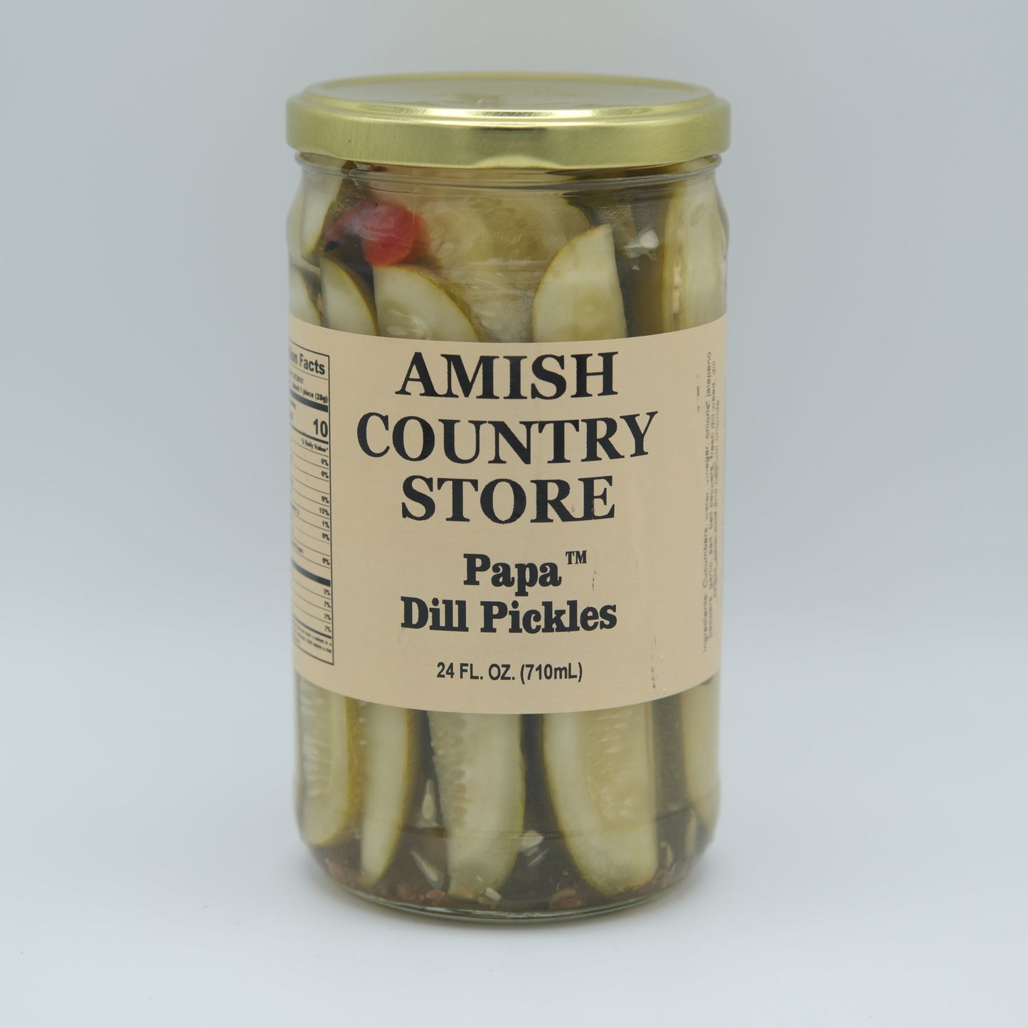 Canned Papa Dill Pickles in glass jar with label, produced by Amish Country Store, showcasing fresh, crunchy dill pickles.